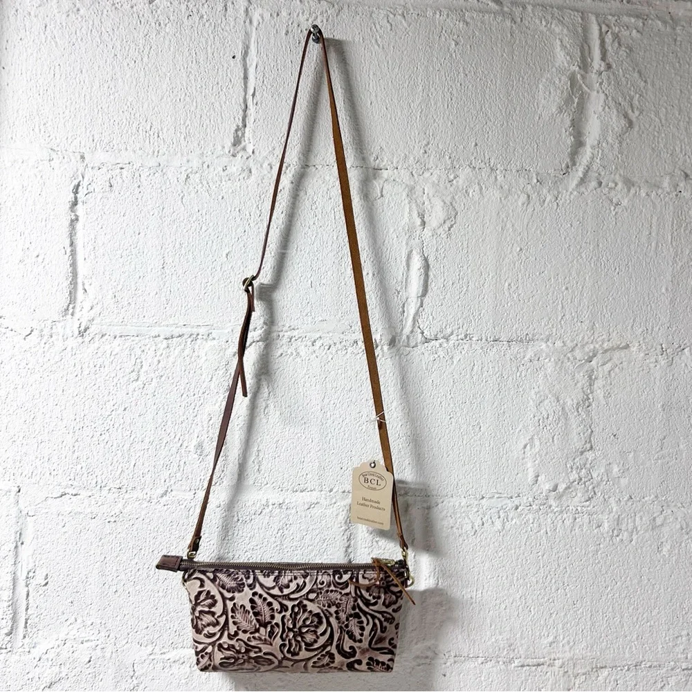 Bear Creek Leather Crossbody Bag with an Embossed Floral Design, Handmade, Brown